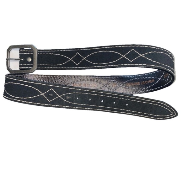 Lands End 28-30" Black Leather Suede Belt w/Decorative Stitching & Brass Buckle - Picture 1 of 6